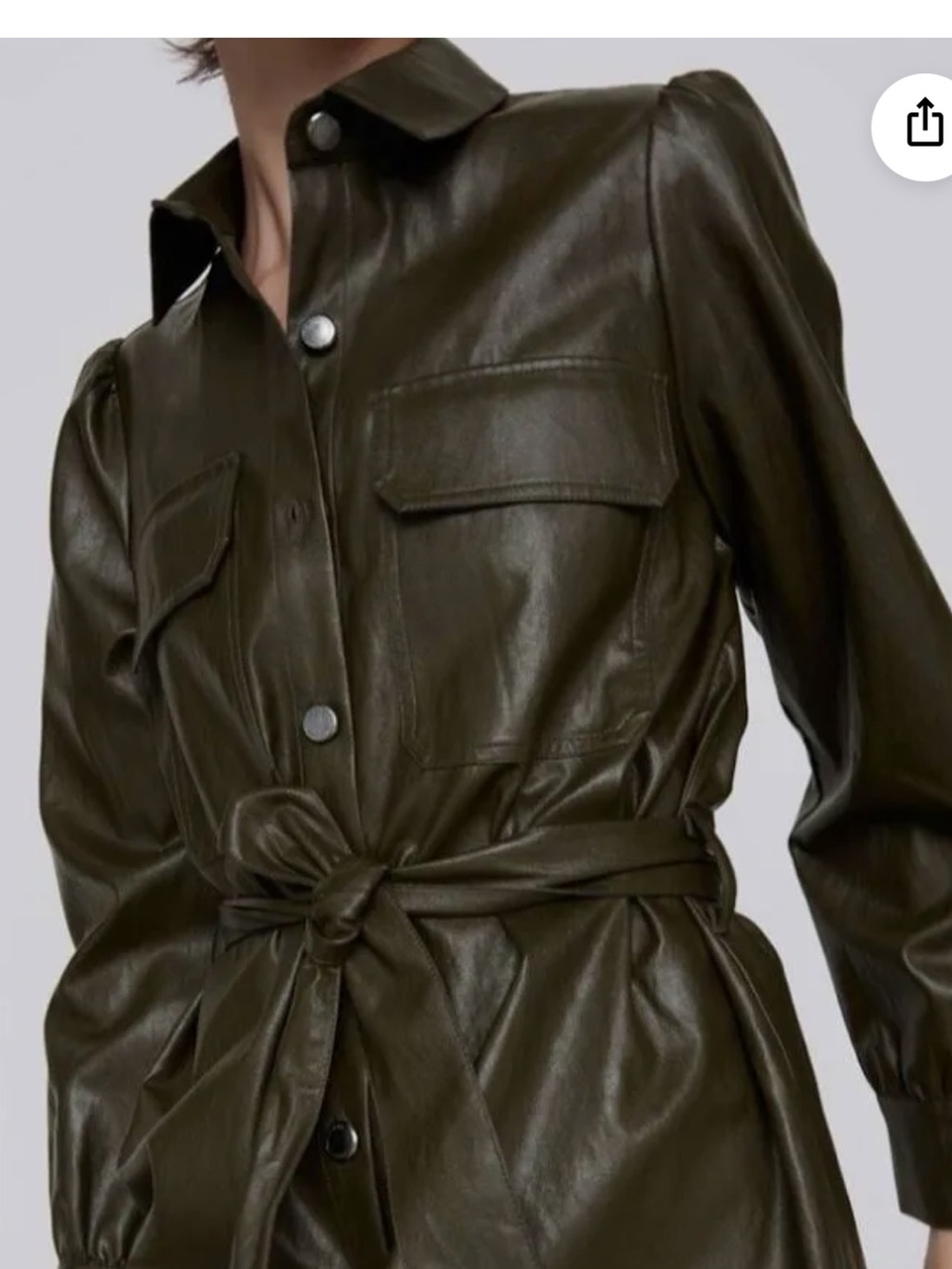 Zara Dark Olive Faux Leather Mini Shirt Dress with Tie Belt
